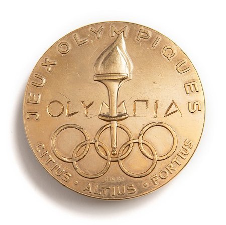 Front: Oslo 1952 gold medal, raised torch set in Olympic Rings & legend