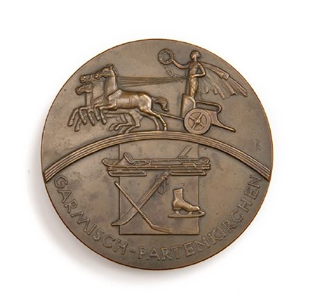 Front: Garmisch 1936 bronze medal, female in triga & sport equipment below