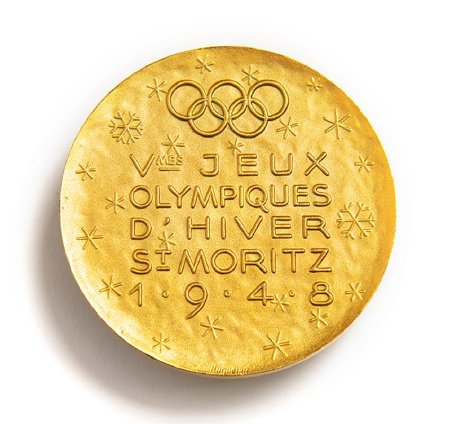 Front of St. Moritz 1948 participation medal in gilt bronze
