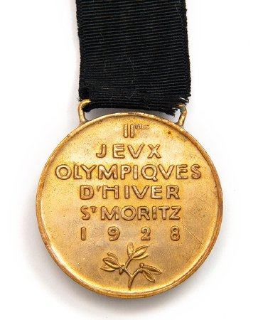 Back of St. Moritz 1928 participation medal in gilt bronze with ribbon