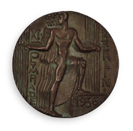 Front of Berlin 1936 participation medal in greenish brown bronze